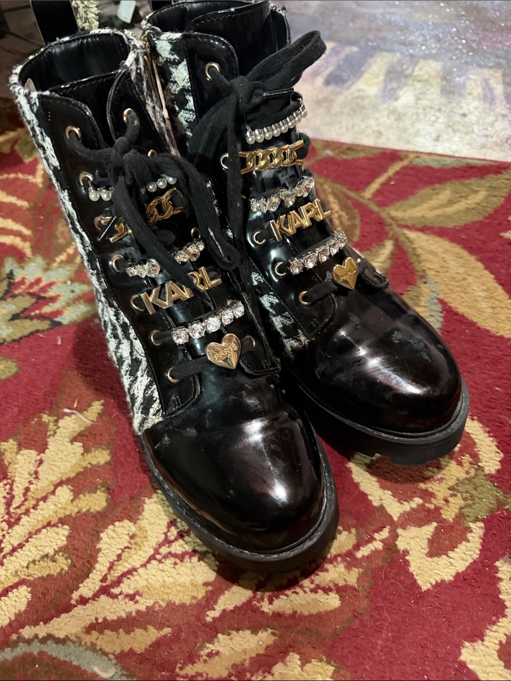 Karl Lagerfeld Black Tweed Lace-Up Combat Boots with Gold Accents